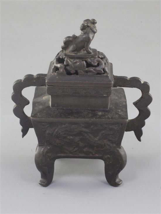 A miniature Chinese bronze censer, Fangding, 17th century, height 10.5cm